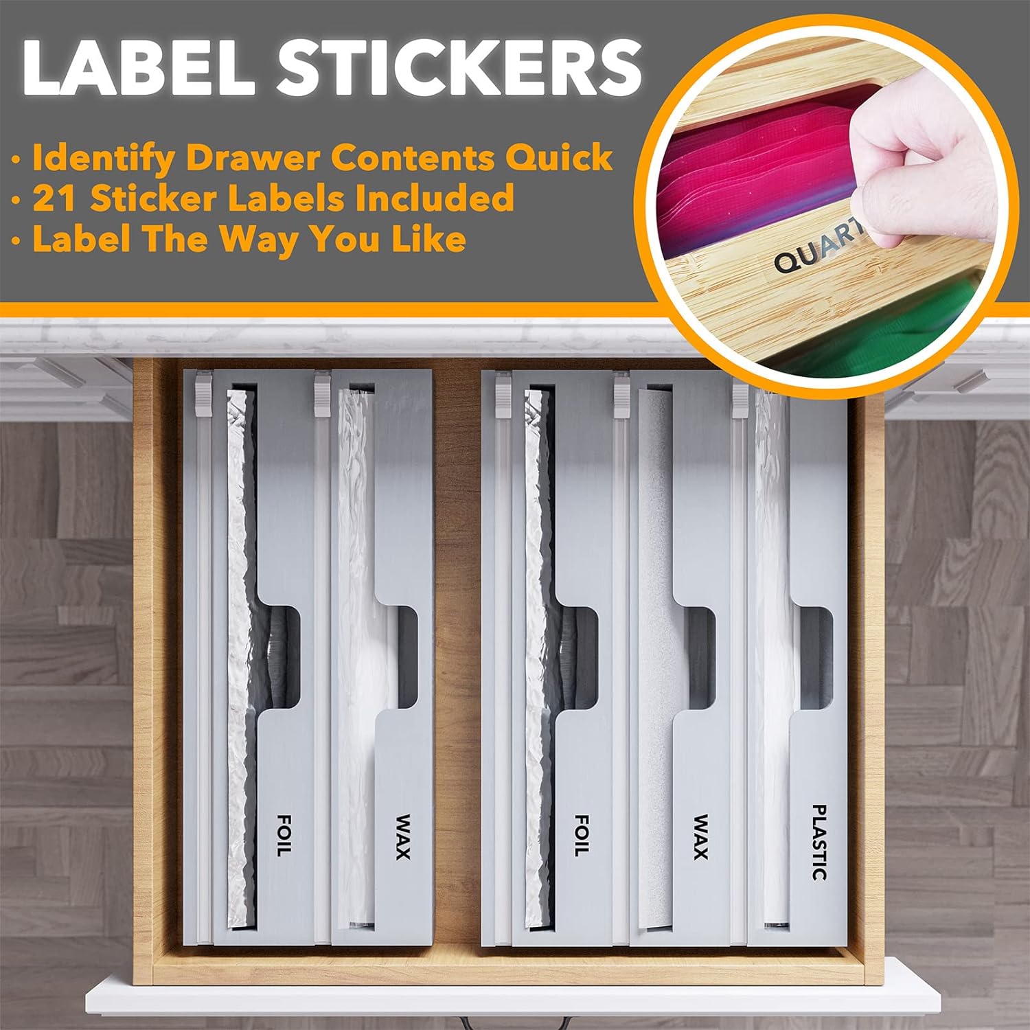 Wrap Organizer with Cutter and Labels, Plastic Wrap, Aluminum Foil and Wax Bamboo Dispenser, Storage Organization Holder -2 in 1 (12 Wrap Organizer with Cutter and Labels, Plastic Wrap, Aluminum Foil and Wax Bamboo Dispenser, Storage Organization Holder -2 in 1 (12